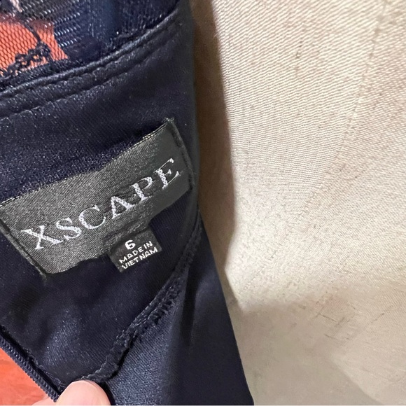 XSCAPE Navy Flower Detailed Draping Side Cap Sleeve Long Formal Sheath Gown - Picture 12 of 12